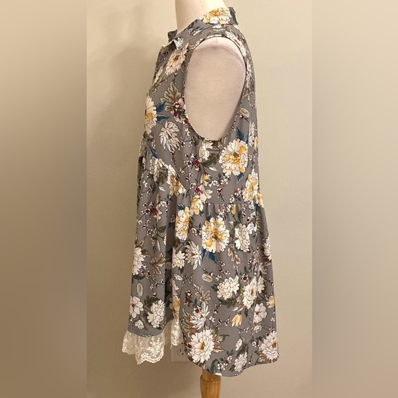 Umgee Grey White Floral Boho Lace Sleeveless Button Down Collared Mini Dress L - Picture 6 of 9